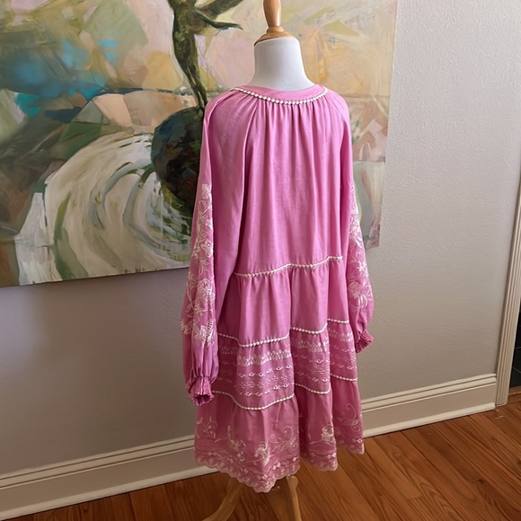 Hale Bob Pink Long Sleeve Linen Blend Dress embroidered Size XL - Picture 10 of 16
